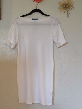 Karen Scott Crewneck Dress in White. Cuffable sleeves   Unlined. Pull-on styling